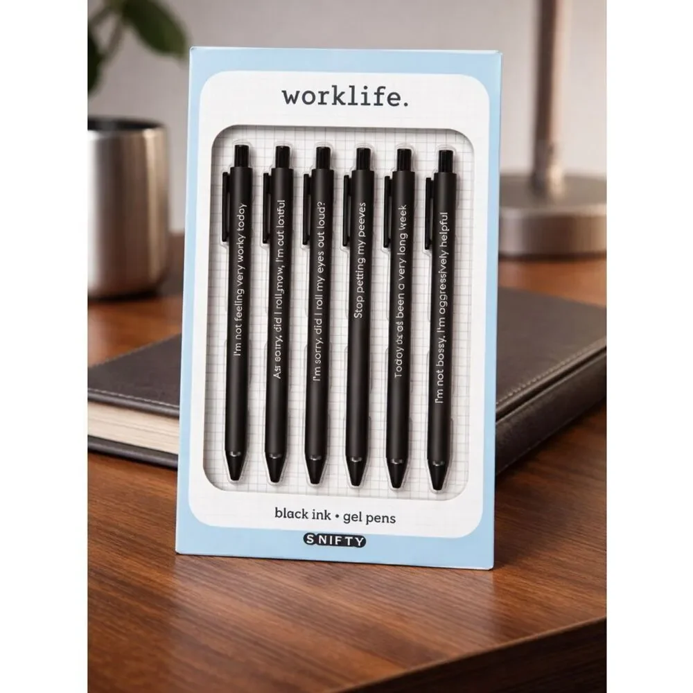 NOB Worklife Set of 6 Black Gel Pens with Humorous Quotes